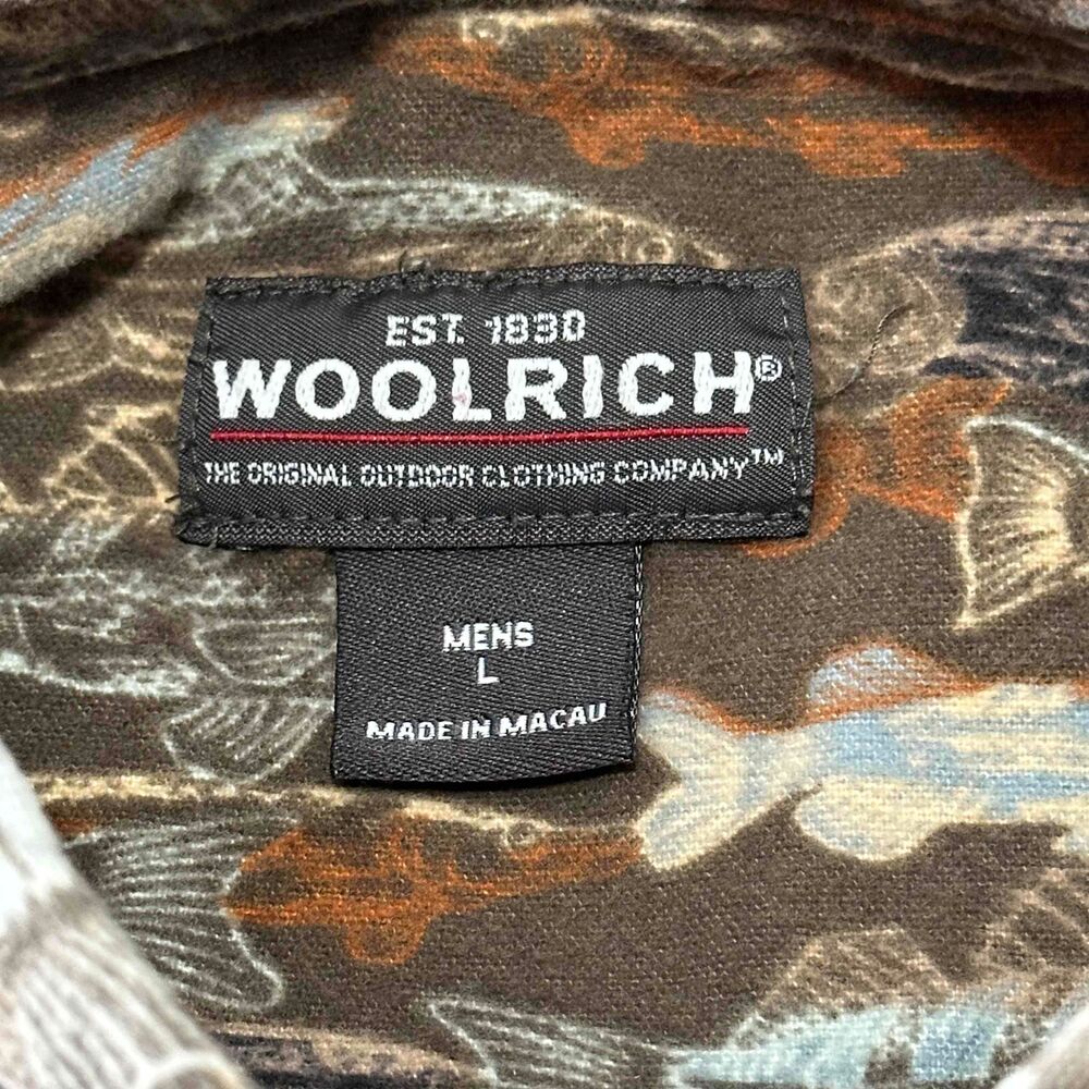 Woolrich Flannel Shirt Mens Large Multicolor Olive Woodblock Fish Outdoors - Picture 9 of 12